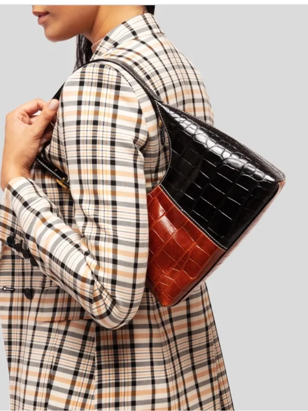 STAUD Black and Brown Croc embossed Scotty Bag